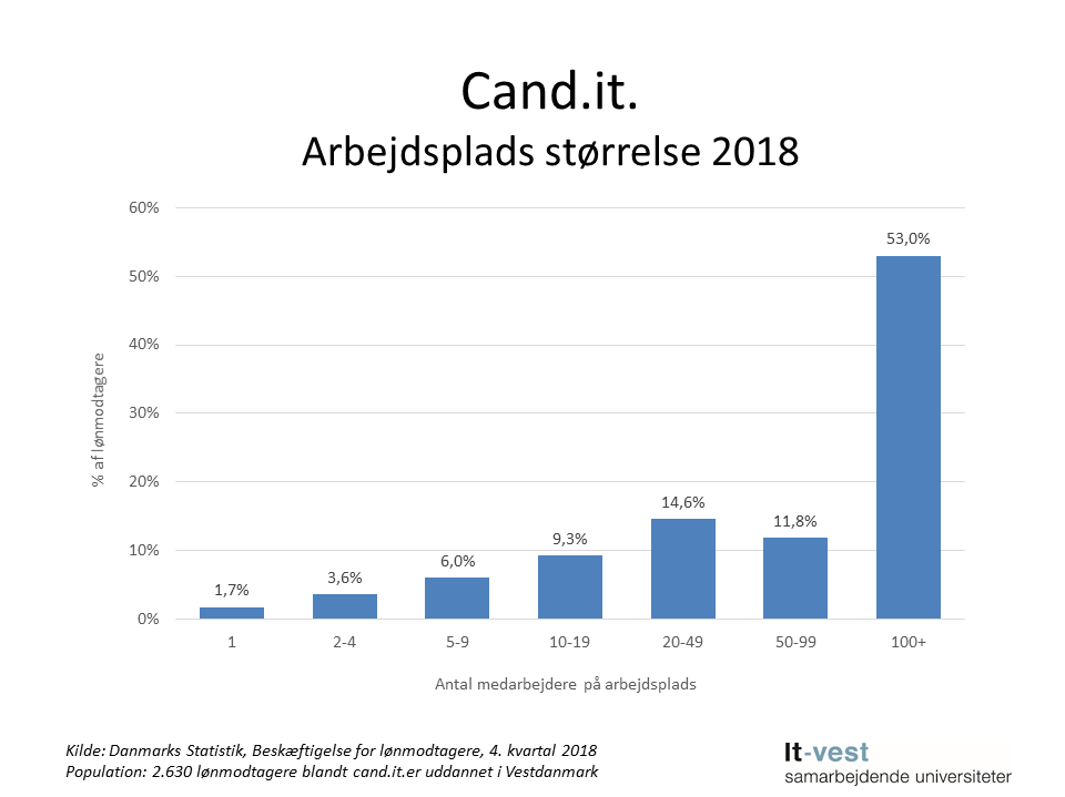 Grafik over størrelse på cand.it.ernes arbejdsplads. Se informationerne på siden med tabeller.