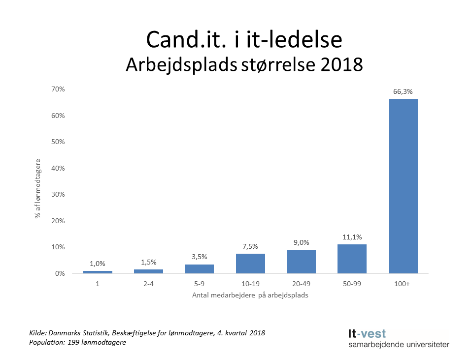 Grafik: Arbejdsplads størrelse, cand.it. i It-ledelse. Se informationerne på siden med tabeller.