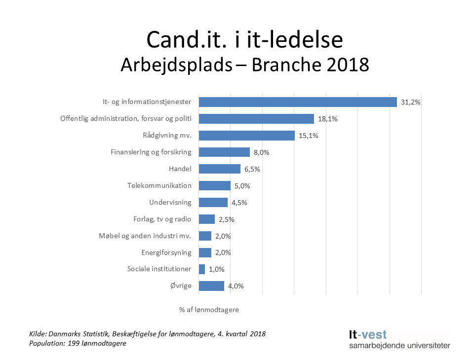 Grafik: Brancher, hvor cand.it. i It-ledelse er ansat. Se informationerne på siden med tabeller.