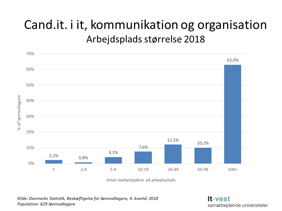 Grafik: Arbejdsplads størrelse, cand.it. i It, kommunikation og organisation. Se informationerne på siden med tabeller.