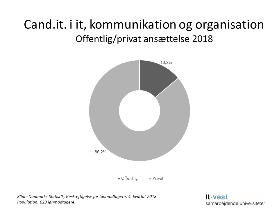 Grafik: Sektor, hvor cand.it. i It, kommunikation og organisation er ansat. Se informationerne på siden med tabeller.